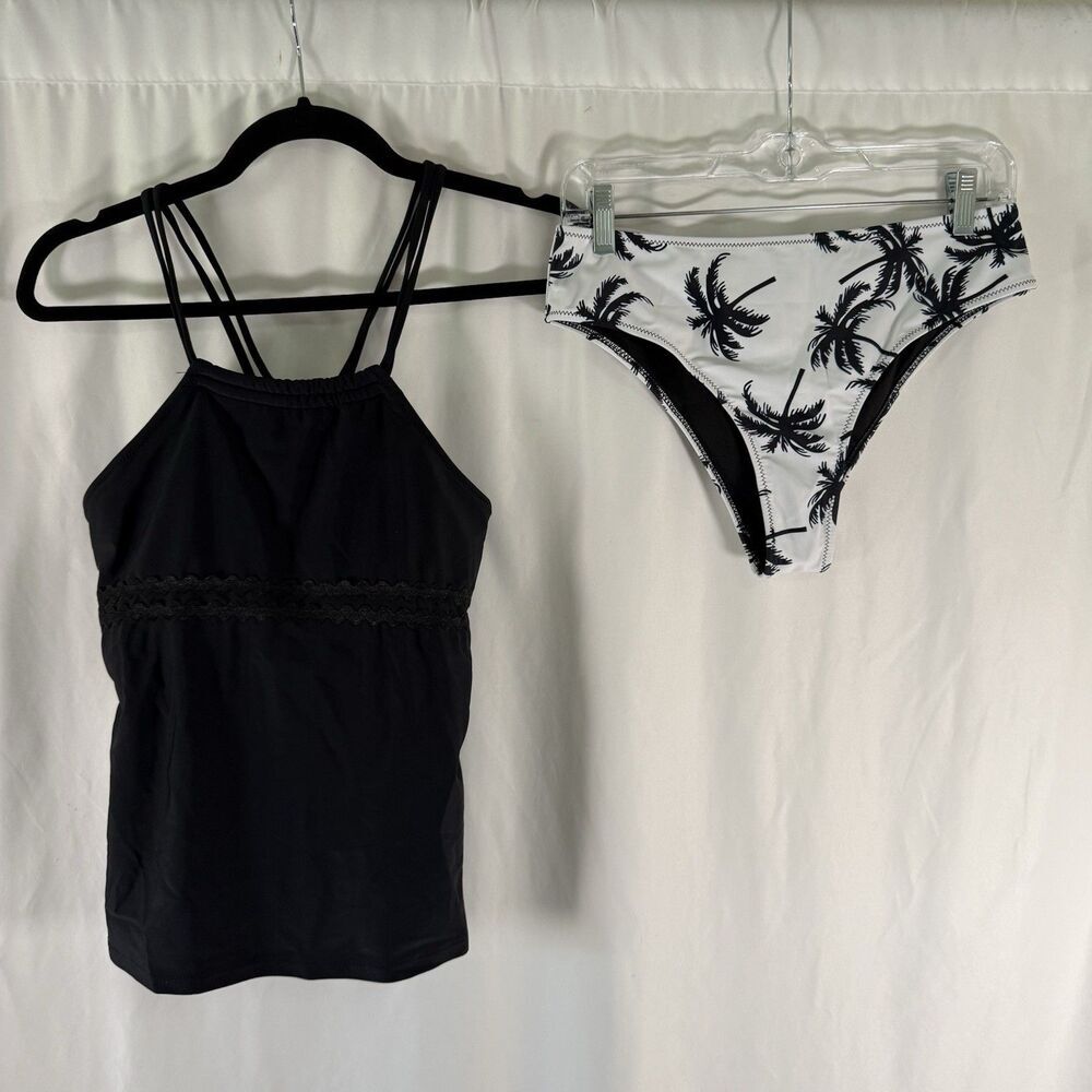 New Beachsissi Tankini Set Women's Medium Black Whtie High Neck Adjustable Strap